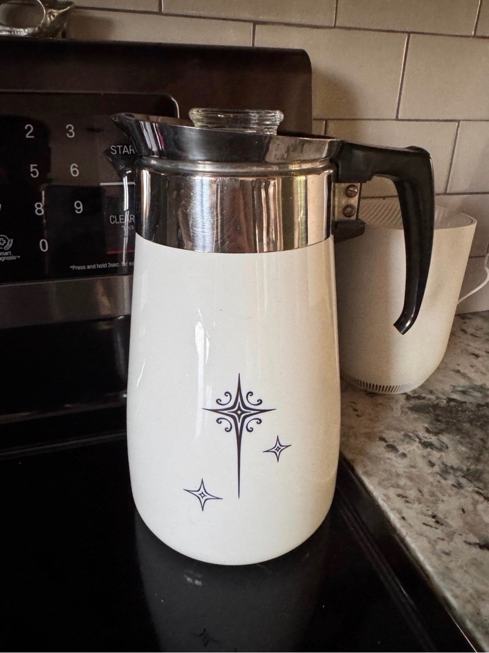 White Retro Ceramic Coffee Carafe with Atomic Starburst Design